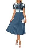 ZESICA Women's 2025 Casual Striped Midi Dress Crewneck Short Sleeve Button Ribbed Knit Swing Pleated A Line Dresses,Dusty Blue,Large