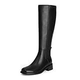 QIY Tall Black Boots for Women Knee-High Boots Black Long Boot for Women Dress Square Toe Heeled Low Heel Flat Fall Leather Below Knee Boot Size 7.5