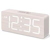 DreamSky Wooden Digital Alarm Clock for Bedroom - Desk Clock for Living Room with Large Numbers, Dimmer, Loud Alarm for Heavy Sleepers with Volume Control, DST, Office Wood Decor (Plug in Clock)