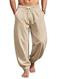TRFIC Men's Cotton Linen Pants Casual Lantern Pants Summer Elastic Waist Jogger Yoga Trousers with Pockets Khaki