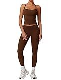 Womens Workout Sets Two Piece Seamless Stretch Cross Back Tank Top Matching Tummy Control High Waist Leggings Set 2 Piece For Women Gym Yoga Active Wear Outfits Athletic Work Out Clothes Brown M