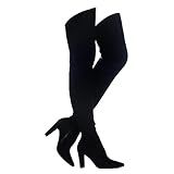 Shoe'N Tale Women Stretch Suede Chunky Heel Over The Knee Boots Thigh High for Women (7,Suede Black)