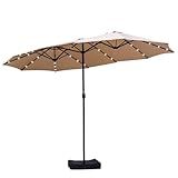 GALAXARMOR 15ft Large Patio Umbrellas with Solar Lights, Outdoor Double-Sided Market Rectangle Umbrella with 120 PCS LED Lights, Beige (With Base)