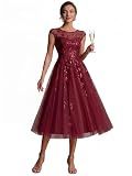 Ever-Pretty Women's Sequin Tulle Midi Cocktail Dresses Cap Sleeve A Line Semi Formal Wedding Guest Dress Burgundy US12