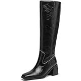 AIUNIIND Women's Knee High Boots with Block Heels – Tall Fashion Boots with Side Zipper, Square Toe Long Boots for Fall Winter Black 8