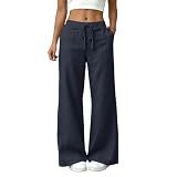 YRAETENM Wide Leg Linen Pants for Women Drawstring High Waisted Trousers