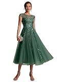 Ever-Pretty Women's Sequin Tulle Midi Cocktail Dresses Cap Sleeve A Line Semi Formal Wedding Guest Dress Eucalyptus US10