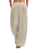 FireSwan Linen Pants Women Wide Leg Palazzo Pants Flowy Elastic Waist Summer Beach Casual Trousers with Pockets(Khaki M)