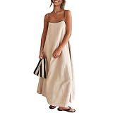 Senllen Women's Linen Dress Summer Loose Flowy Sundress Contrast Spaghetti Strap Sleeveless Backless Beach Maxi Long Dresses