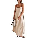 Senllen Women's Linen Dress Summer Loose Flowy Sundress Contrast Spaghetti Strap Sleeveless Backless Beach Maxi Long Dresses