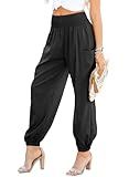 Dokotoo Ladies Spring Boho Pants Long Smocked Runching Leggings 2026 Fashion Spring Work High Waisted Business Elephant Trousers Loose Lounge with Pockets Oversized,Black X-Large