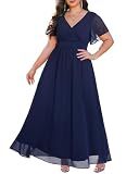 Talisea Plus Size Formal Dress Navy Blue V Neck Chiffon Wedding Guest Gown