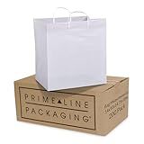 Prime Line Packaging White Plastic Bags, Shopping Gift Bags with Handles for Small Business, Food Service, Take Out, Delivery, Retail Bulk, 14x10x14.75, 200 Pack