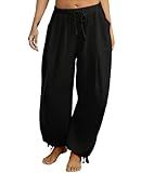 TITOMD Women's Linen Balloon Barrel Beach Pants Boho Harem Flowy Drawstring Casual Loose Pants with Pockets (US, Alpha, Medium, Regular, Regular, Black)