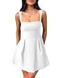 YMDUCH Women's Sleeveless Square Neck Bow Tie A-line Mini Dress White