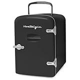 Nostalgia Retro Mini Fridge and Heater 6-Can Capacity, 12-Volt Power Adapter, Carry Handle and Display Window-Perfect for Home, Office, Car, or Dorm Room-Black