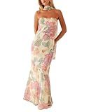 GUCURIN Women Strapless Floral Dress with Sarf Mesh Tube Maxi Dress Summer Cocktail Wedding Guest (L,Pink Floral)