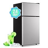 DEMULLER Mini Fridge with Freezer, 2.4 Cu.Ft Personal Refrigerator Only for One Person Use, Silver Tiny Small Size Refrigerator with 7 Level Adjustable Temperature and Double Door