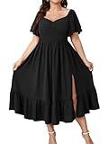 SCOMCHIC Womens Plus Size Wedding Guest Cocktail Dresses Sweetheart Neckline Short Sleeve Smocked Ruffle Slit Maxi Dress Black