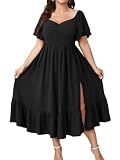 SCOMCHIC Womens Plus Size Wedding Guest Cocktail Dresses Sweetheart Neckline Short Sleeve Smocked Ruffle Slit Maxi Dress Black
