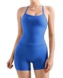 SUUKSESS Women 2 Piece Workout Sets High Waisted Tummy Control Biker Shorts Halter Padded Tank Tops Racerback Sports Bras (Sapphire, M)