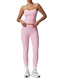 Womens Workout Sets Two Piece Seamless Stretch Cross Back Tank Top Matching Tummy Control High Waist Leggings Set 2 Piece For Women Gym Yoga Active Wear Outfits Athletic Work Out Clothes Pink S