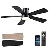 Low Profile Ceiling Fan with Light and Remote Control,46" Modern Flush Mount Black Ceiling Fan, 5 Dual-Sided Blades, Energy Efficient DC Motor, Reversible for Bedroom, Living Room, Indoor/Outdoor Use