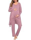 SWOMOG Maternity Nursing Robe Set 3 PCS Women Postpartum Pajamas Breastfeeding Labor Delivery Hospital Pregnancy Pjs (Taro Purple, Medium)