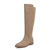 Modatope Tan Suede Knee High Boots Women Flat Rounded Toe Riding Boots Low Chunky Heel Elastic Fall Winter Boot Size 8