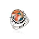Natural Orange Oyster Turquoise Gemstone 925 Solid Sterling Silver Handmade Statement Ring for Women Christmas Gift (6, Oyster Turquoise)