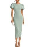 ZESICA Women's Summer Short Sleeve Bodycon Midi Dress 2026 Spring Elegant Formal Wedding Guest Cocktail Party Dresses Sage Medium
