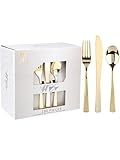 WDF 180 Pieces Disposable Plastic Gold Silverware Cutlery - Disposable Flatware Set 60 Forks, 60 Knives and 60 Spoons - Heavy Duty Gold Plastic Cutlery - Utensils for Party, Wedding, Thanksgiving