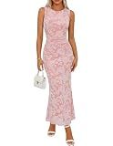 MEROKEETY Women's Summer Wedding Guest Maxi Dress 2026 Sleeveless Floral Bodycon Mesh Cocktail Formal Party Long Dresses, Lightpink, Small