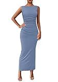 PRETTYGARDEN Women's 2026 Summer Semi Formal Midi Dresses Sleeveless Ruched Bodycon Long Elegant Cocktail Wedding Guest Dress (Grey Blue,X-Large)