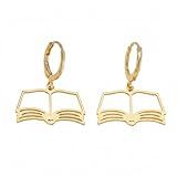 Book Dangle Earrings for Women, Hollow Outline Reading Charm Drop with Small Huggie Hoop, Minimalist Literary Jewelry Gifts for Teacher Librarian