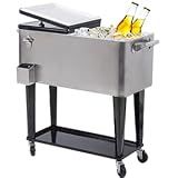 Nattork 80 Quart Rolling Cooler Cart for Outdoor Patio Deck Party, Portable Party Bar Cold Drink Beverage Cart,Ice Chest with Shelf, Water Pipe and Bottle Opener Silver 1