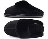 KuaiLu Womens Cozy Memory Foam Slippers Ladies Fuzzy Faux Fur Lined Warm Arch Support House Shoes Slip on Comfy Winter Scuff Indoor Outdoor Rubber Hard Sole Orthotic Plush Bedroom Dark Black Size 8.5