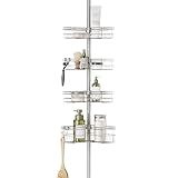 Zenna Home Tension Pole Shower Caddy Corner Organizer, Adjustable Standing Shower Caddy with 4 L-shaped Baskets and Hooks, Rust Resistant Bathroom Tension Rod Organizer, 60 to 97 Inch, Satin Nickel