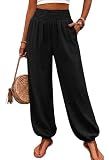 WIHOLL Women's Linen High Waisted Smocked Balloon Harem Jogger Pants Casual Summer Boho Hippie Lounge Capri Trousers with Pockets Loose Flowy Vacation Travel Resort Wear Fashion Outfits Black M
