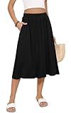 MLXSJ Women's Midi Skirt Summer Flowy Elastic High Waisted Casual Pleated Skirts with Pockets (Black, L)