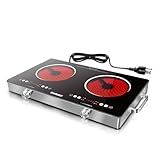 Karinear 2 Burner Electric Cooktop 110V, Portable Electric Stove with Handle, Knob Control Electri Hot Plate, Ceramic Countertop Burner, Timer, Safety Lock, 9 Power Level, 2000W, 24 inch(White)