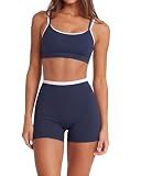 SUUKSESS Women 2 Pieces Workout Sets Padded Spaghetti Straps Tank Tops High Waist Biker Shorts Gym Yoga Active Wear Matching Sets (Navy Blue, M)