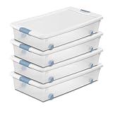 Sterilite 56 Qt Wheeled Latching Storage Box, Stackable Bin with Latch Lid, Plastic Container to Organize Shoes Underbed, Clear with White Lid, 4-Pack
