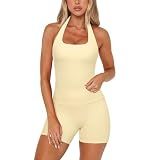SUUKSESS Women 2 Piece Workout Sets Halter Neck Padded Yoga Tank Tops High Waisted Tummy Control Biker Shorts with Pockets (Yellow, M)