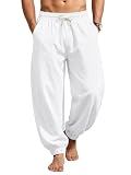 TRFIC Men's Cotton Linen Pants Casual Lantern Pants Summer Elastic Waist Jogger Yoga Trousers with Pockets White