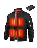 QXOOXQ Men’s Heated Bomber Jacket with 12V 20000mAh Battery – heated motorcycle jackets for men with 6 large heating zones.