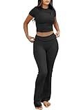 ANRABESS Lounge Sets for Women 2 Piece Foldover Yoga Flare Leggings Pants Crop Tops Casual Y2K Outfits Matching Tracksuit Set Black X-Small
