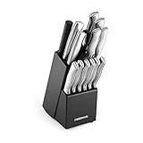 FARBERWARE 15-Piece Kitchen Knife Set with High-Carbon Stainless Steel Blades, Black Handles, Steak Knives, Wood Block, Razor Sharp and Ergonomic