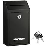 Safe Locking Metal Money Cash Drop Box with Wall Mount | Donation Collection Box with Pre-Drilled Holes & Large Slot for Coins, Bills, Checks | for Self Serve Stand Use, Home, Office, Retail (Black)