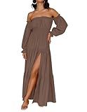 ZESICA Women's Boho Off Shoulder Spring Long Sleeve Dress 2026 High Waist Side Split Sexy Flowy A Line Long Maxi Dresses Coffee X-Large